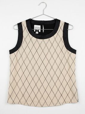 Edward Achour Paris Silk Diamond Quilt Sleeveless Top Black Trim Size 40 / US 8